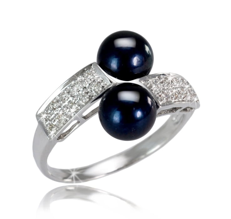 Pierścionek złoty z dwoma czarnymi perłami Akoya RA2-70BB-WG14D-FLT