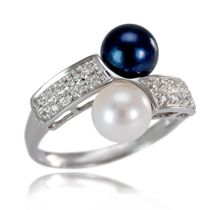 Pierścionek złoty z białą i czarną perłą Akoya RA2-70BW-WG14D-FLT