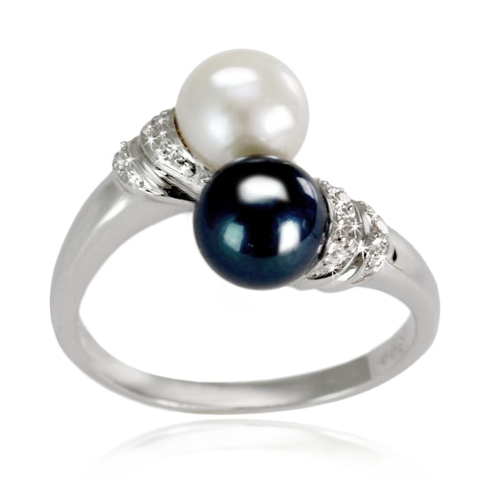 Pierścionek złoty z białą i czarną perłą Akoya RA2-70BW-WG14D-SIMC
