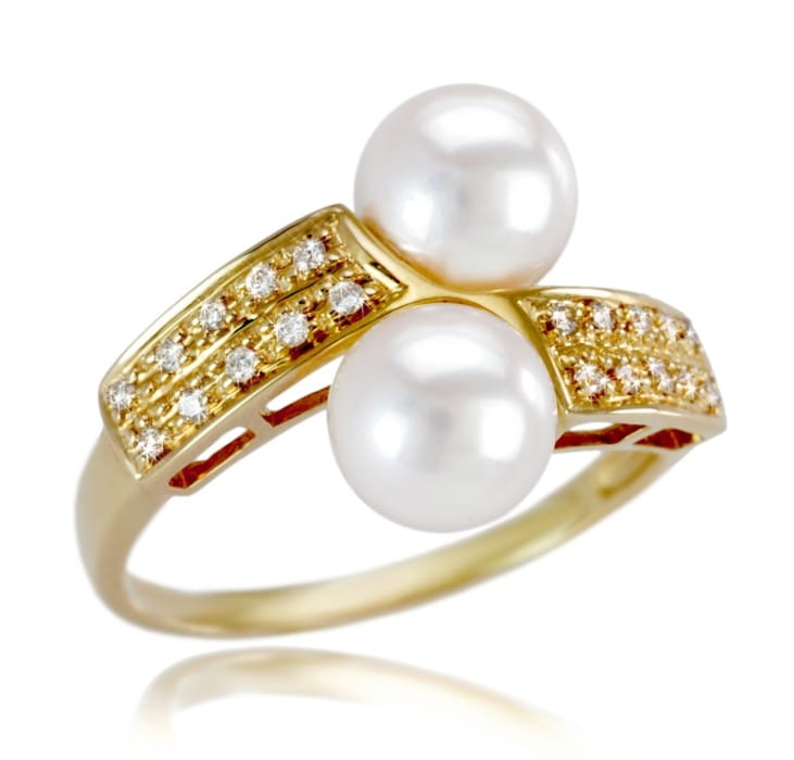 Złoty pierścionek z dwiema perłami Akoya RA2-70WW-YG14D-FLT