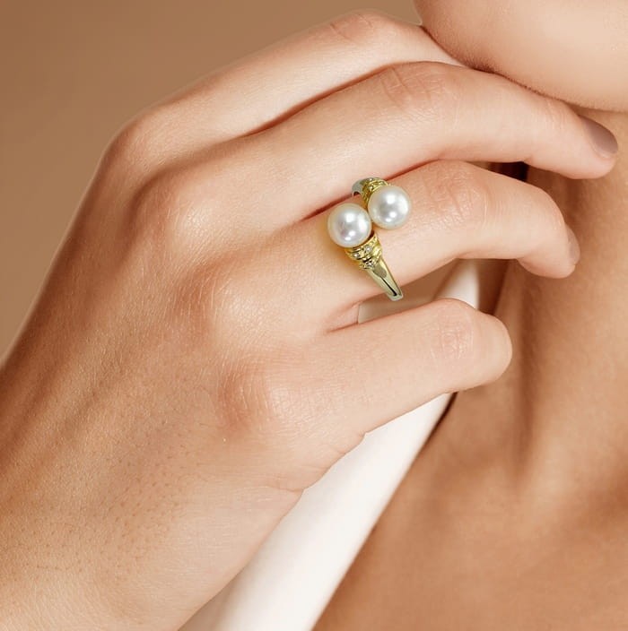 Złoty pierścionek z perłami Akoya RA2-70WW-YG14D-SIMC 2