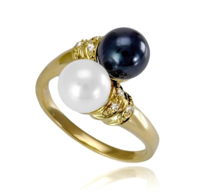 Złoty pierścionek z białą i czarną perłą Akoya (wzór SIMC)