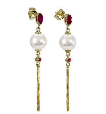Złote kolczyki z perłami i rubinami (wzór CHTL)