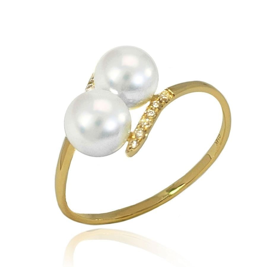 Złoty pierścionek z perłami Akoya RA2-60WW-YG14D-LWGT