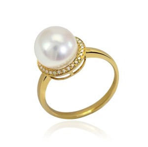Złoty pierścionek z białą perłą South Sea (wzór DRND)
