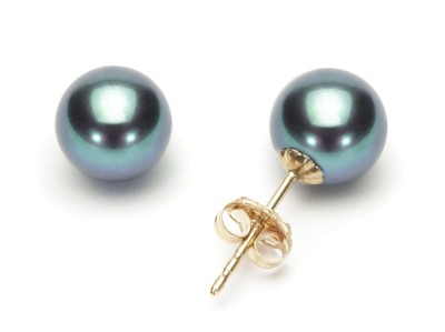 Złote kolczyki z czarnymi perłami 7-7,5 mm (wzór CSES)