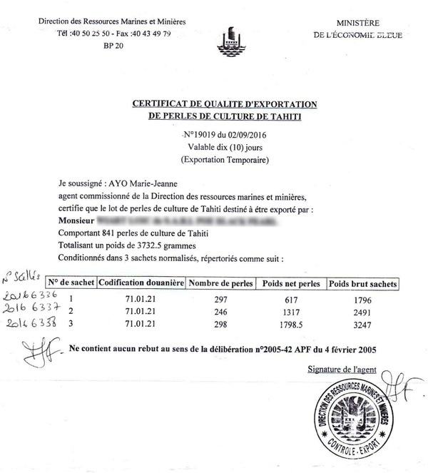 Certyfikat eksportowy dla pereł Tahiti